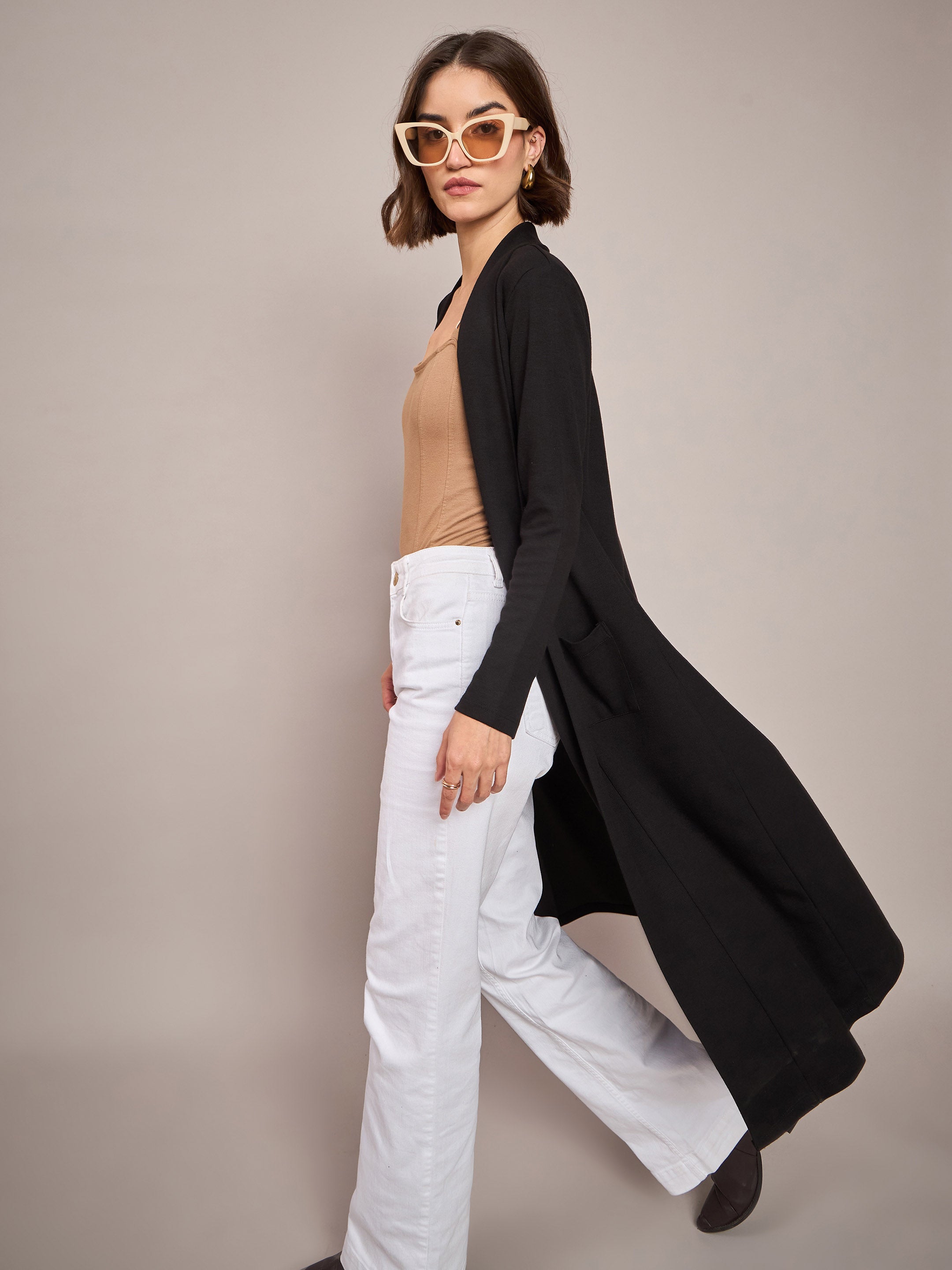Women Black Rib Longline Shrug-SFJCKT6230