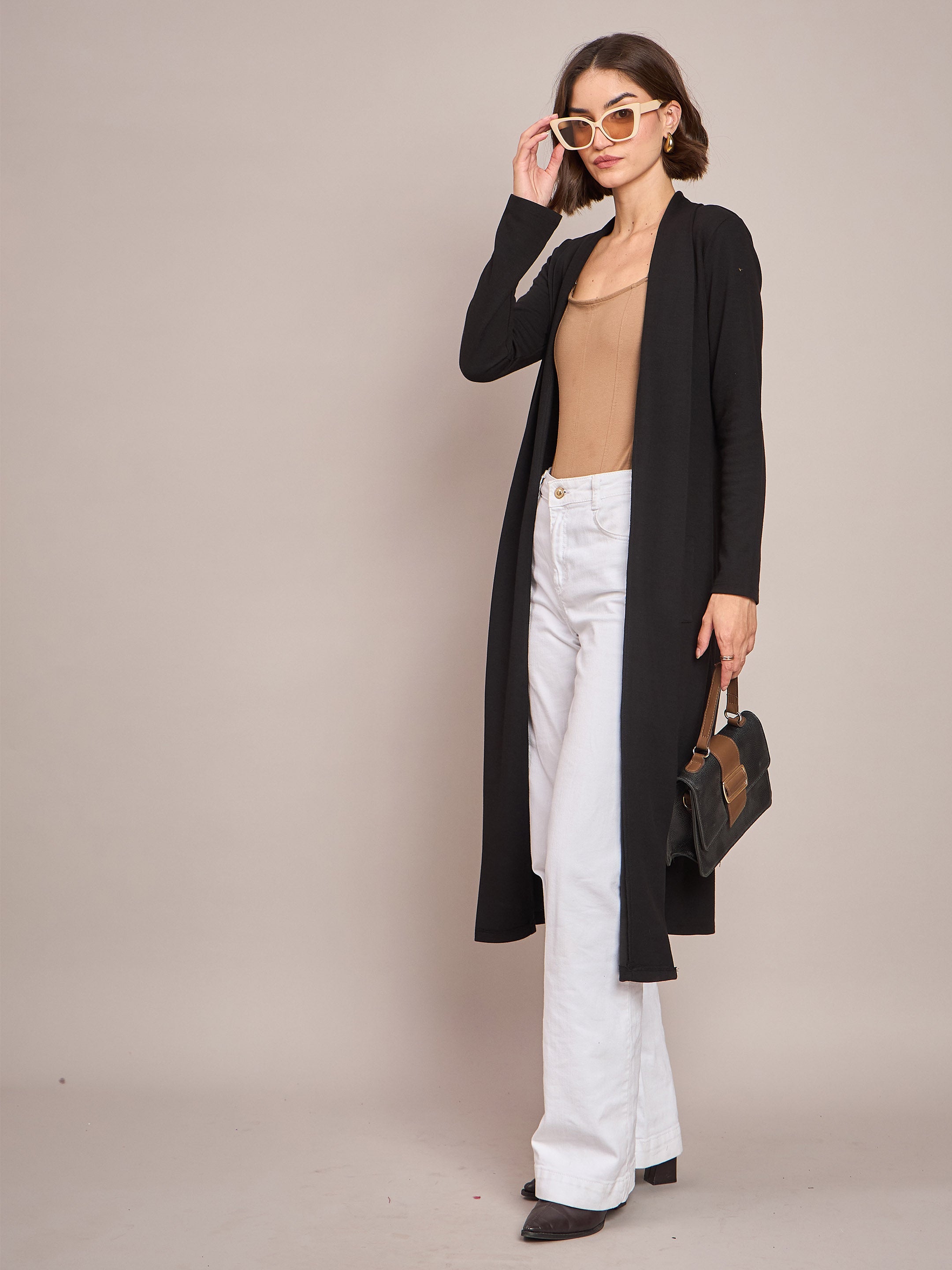 Women Black Rib Longline Shrug-SFJCKT6230