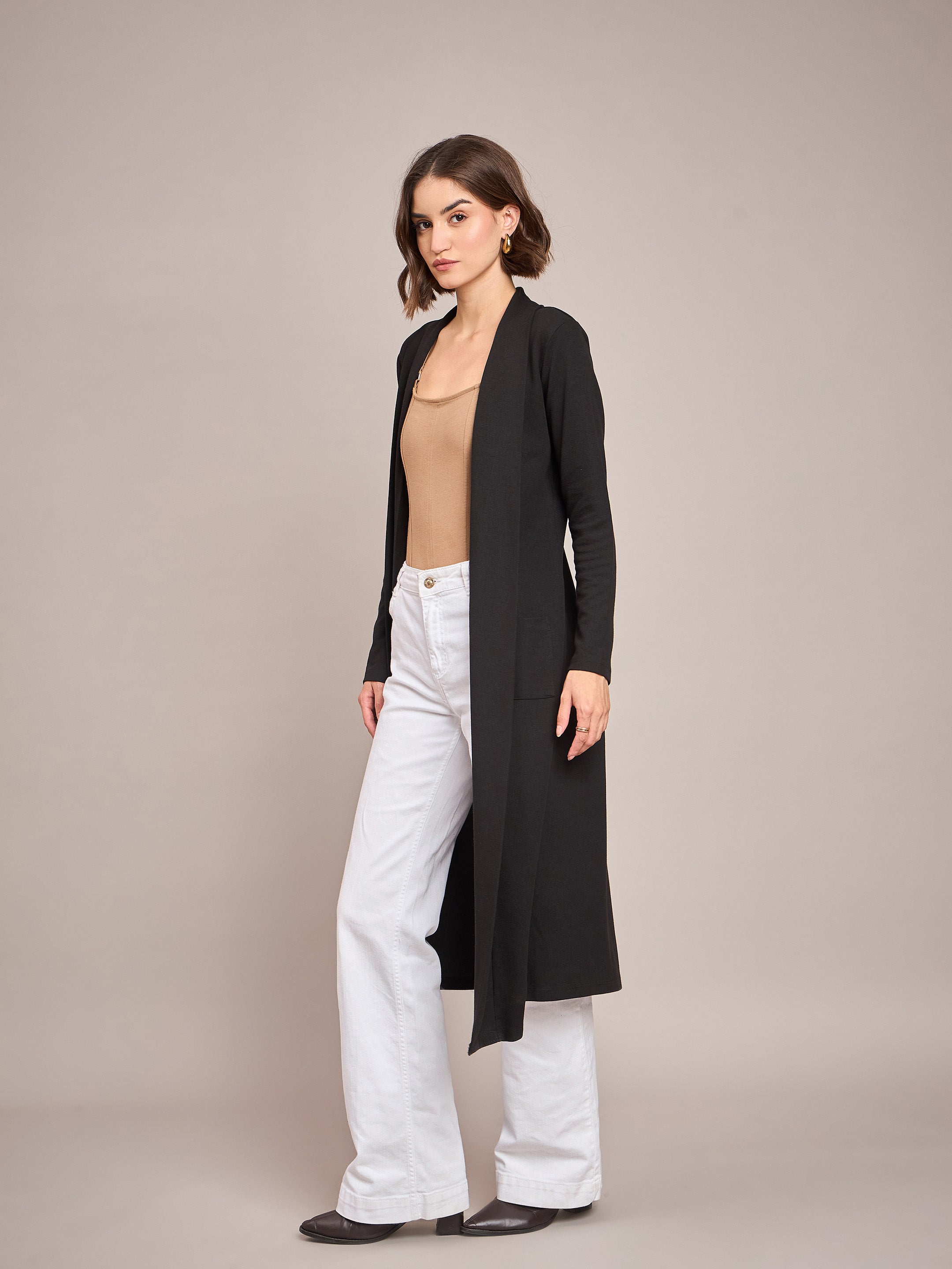 Women Black Rib Longline Shrug-SFJCKT6230