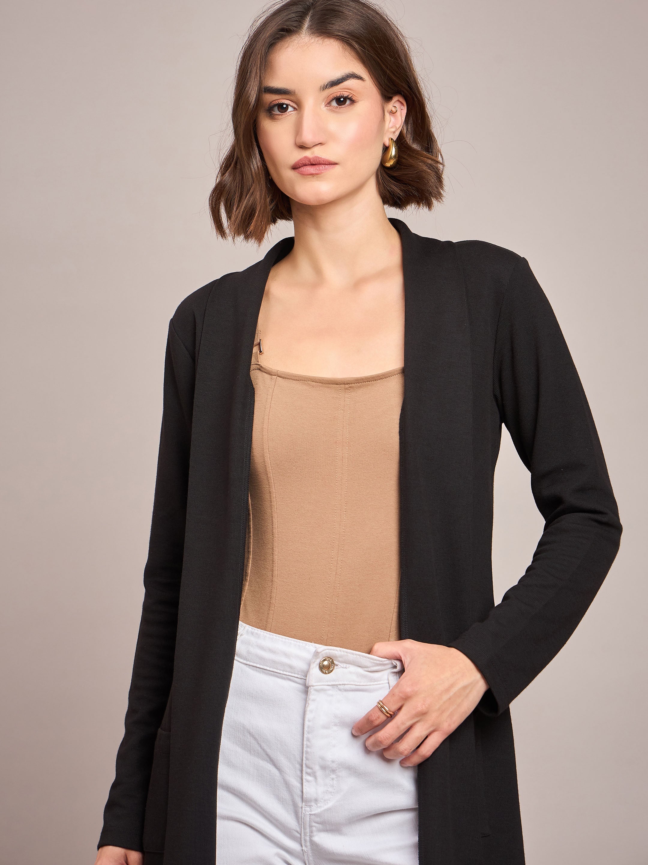 Women Black Rib Longline Shrug-SFJCKT6230