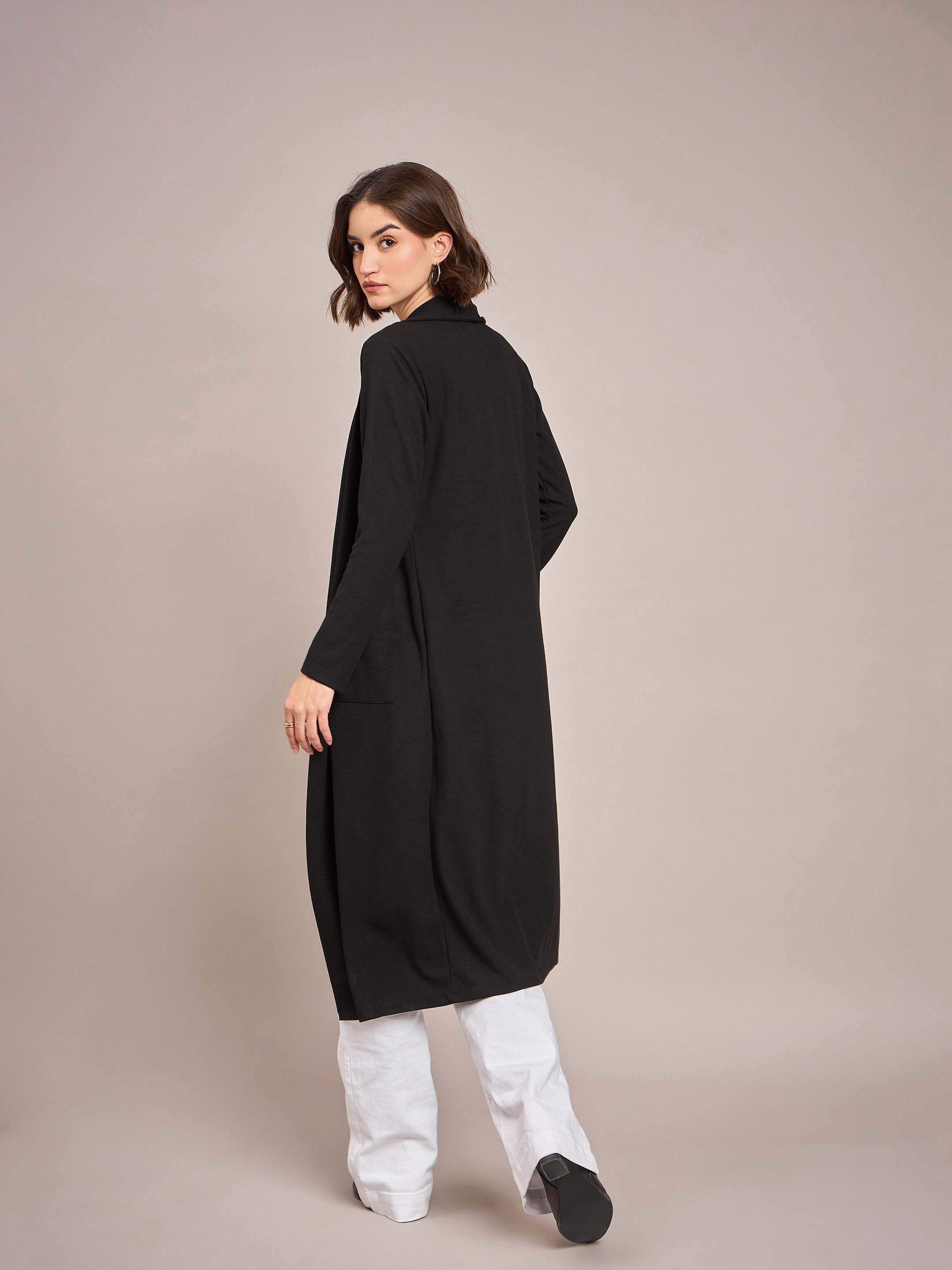 Women Black Rib Longline Shrug-SFJCKT6230
