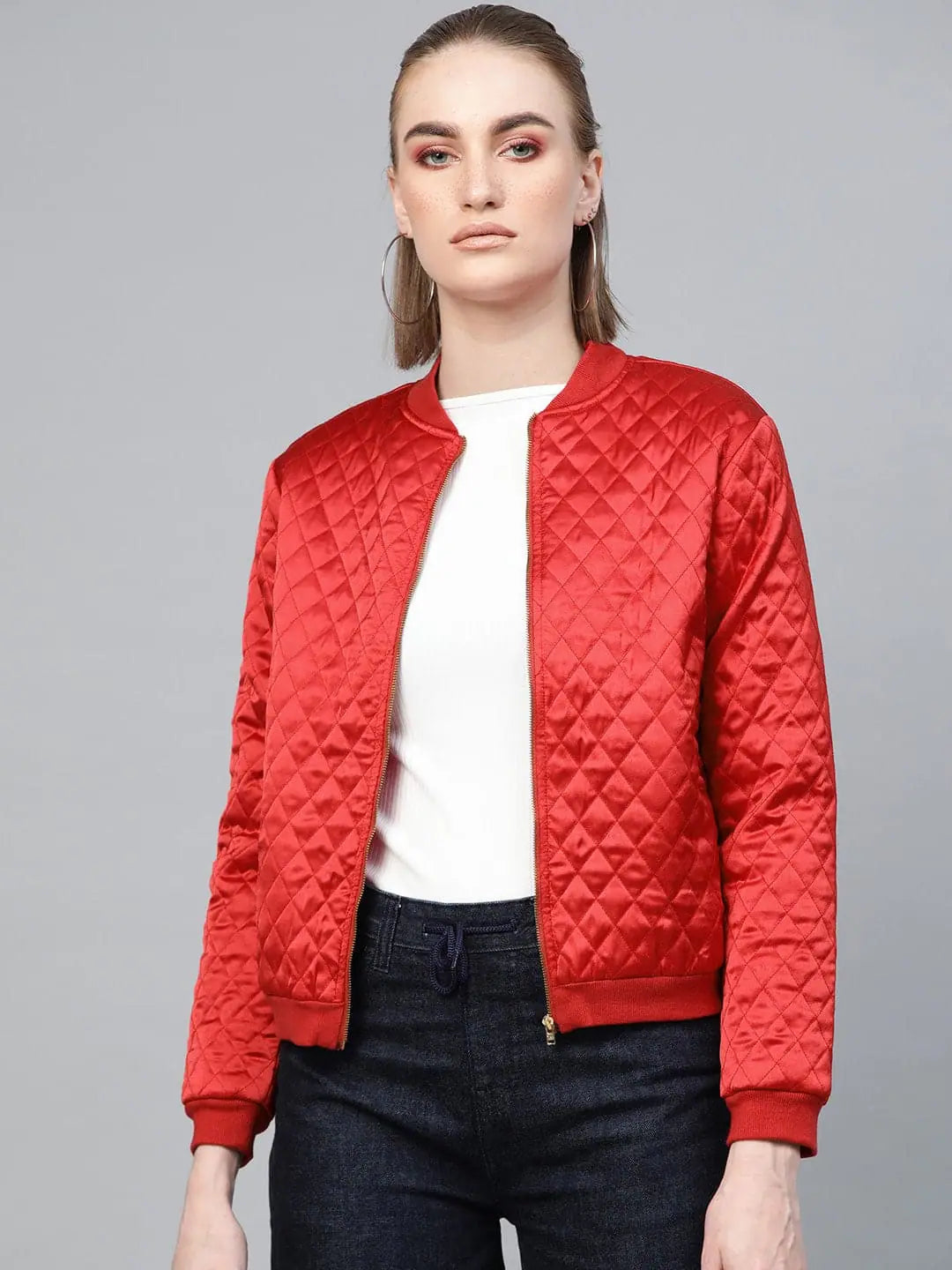 Red Quilted Bomber Jacket - Women's Winter Coats