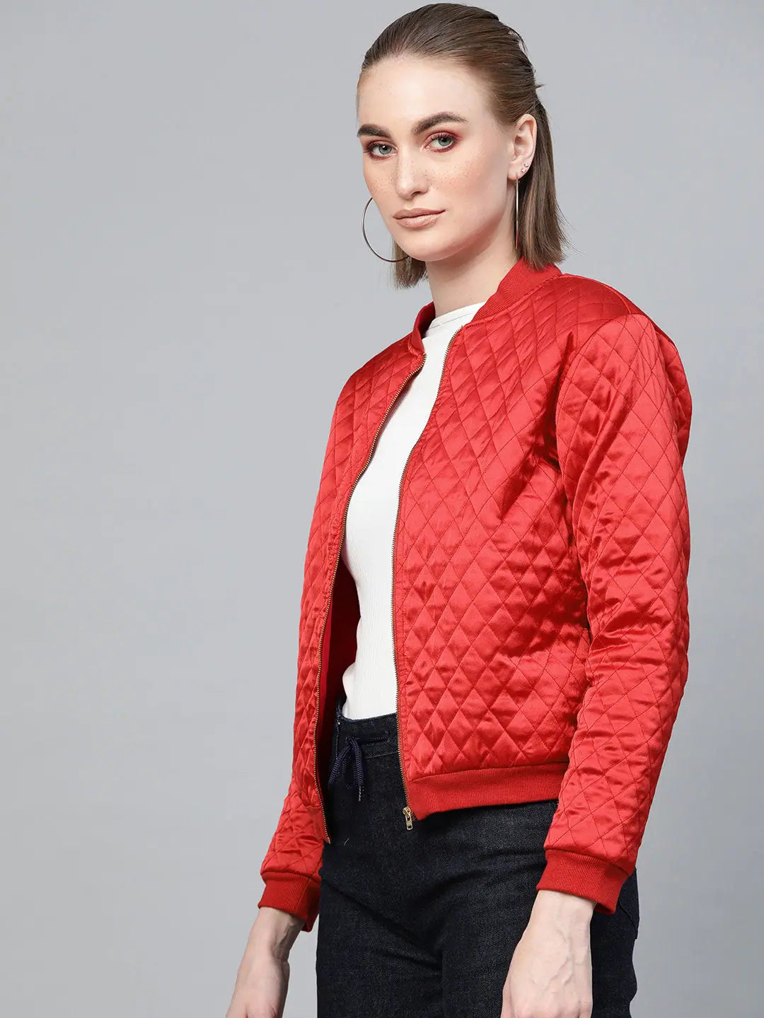 Red Quilted Bomber Jacket - Women's Winter Coats