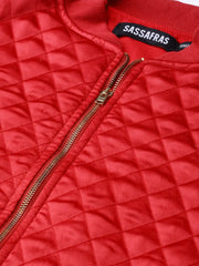 Women Solid Red Round Neck Full Sleeve Jacket