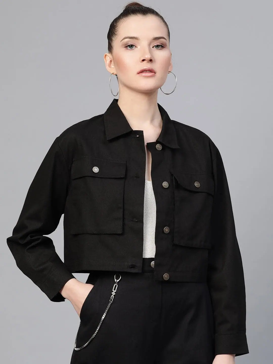 Women Solid Standard Black Jacket