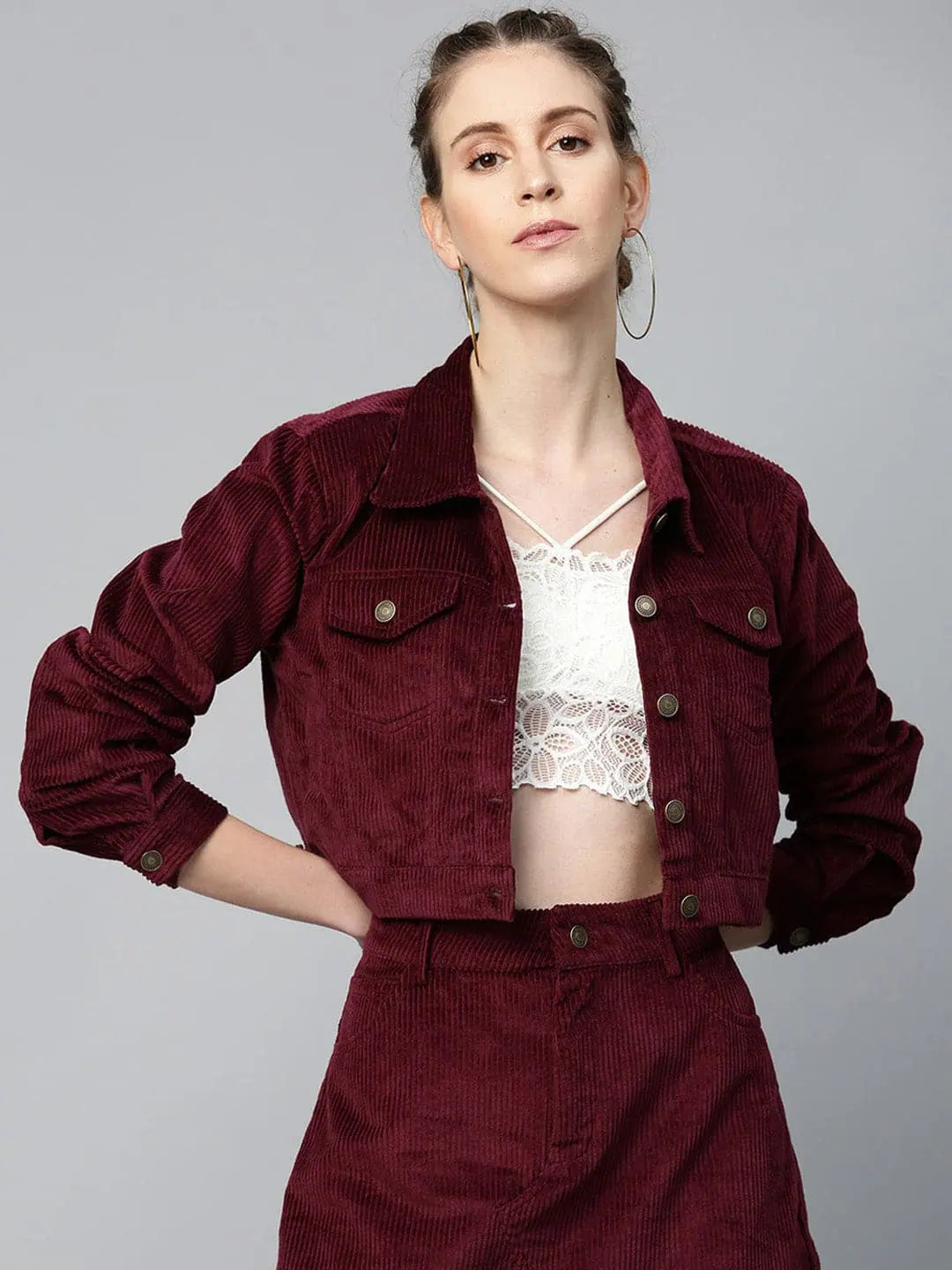 Burgundy Corduroy Boxy Jacket - Women's Fashion Jackets