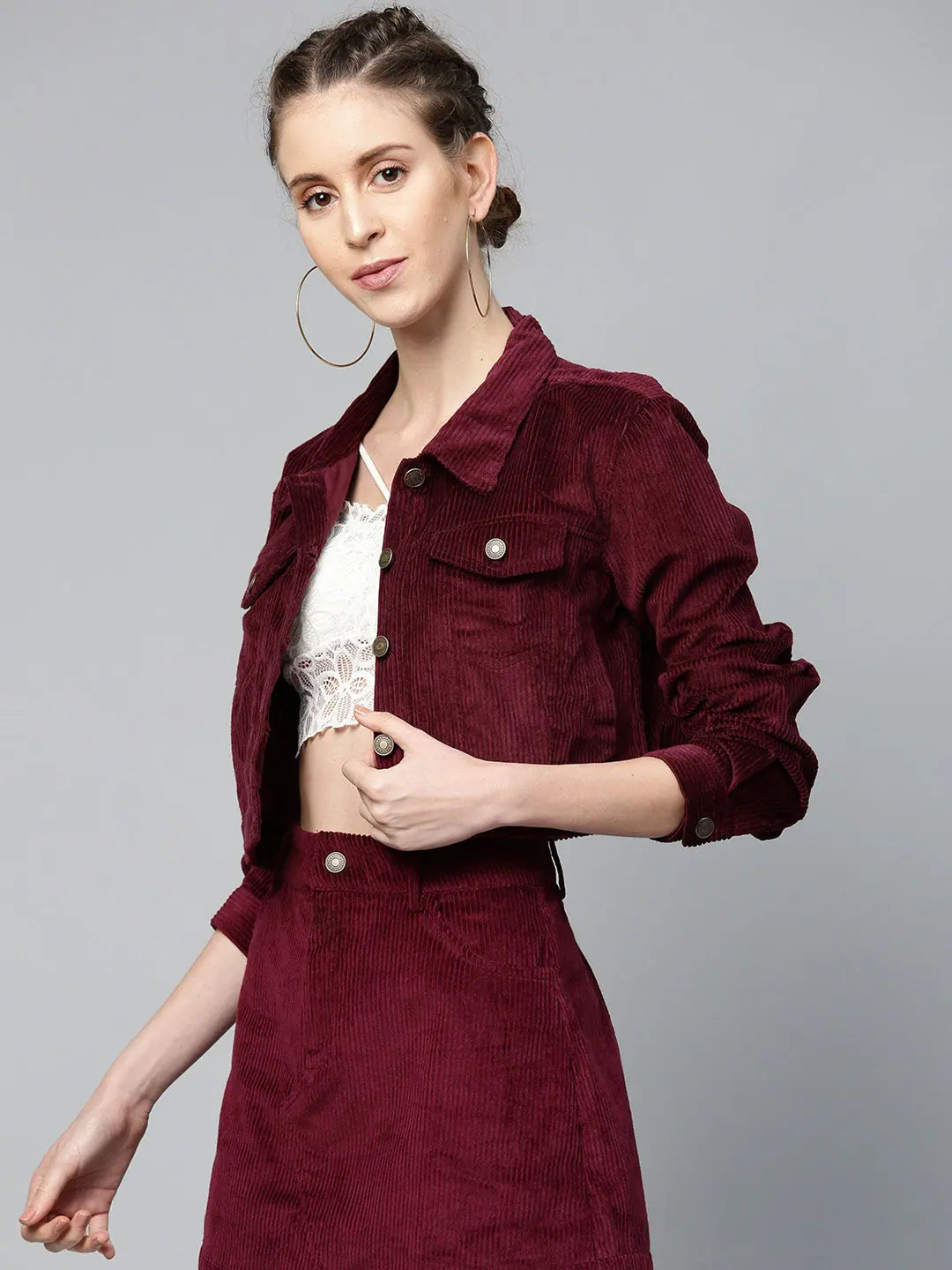 Burgundy Corduroy Boxy Jacket - Women's Fashion Jackets