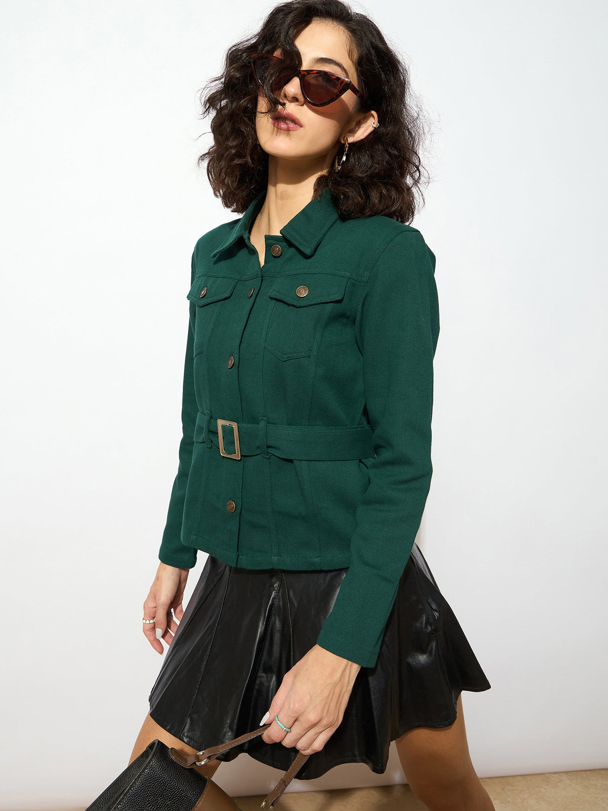 Women Emerald Green Denim Belted Jacket-SFJCKT6295