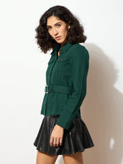 Women Emerald Green Denim Belted Jacket-SFJCKT6295