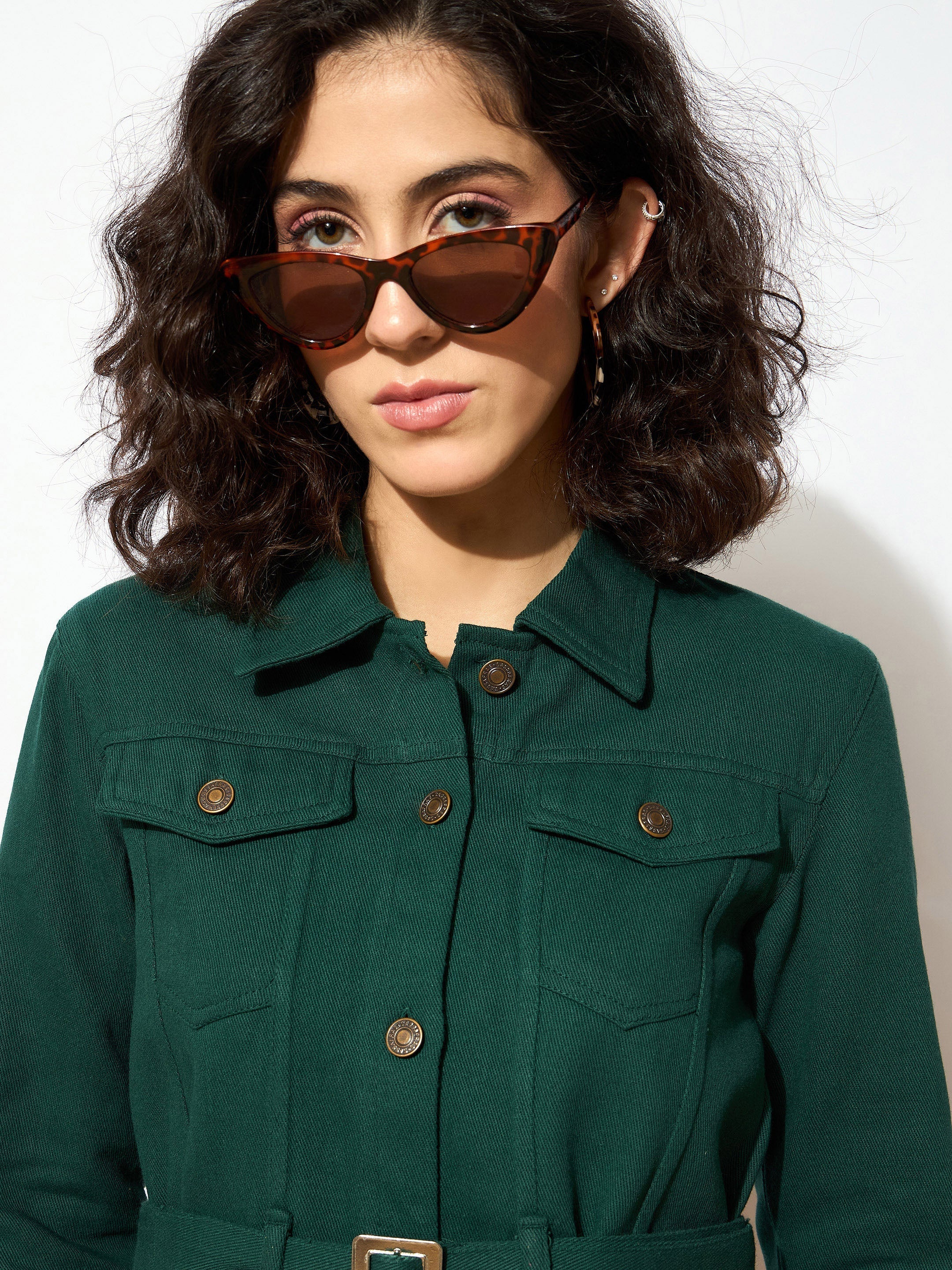 Women Emerald Green Denim Belted Jacket-SFJCKT6295