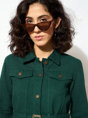 Women Emerald Green Denim Belted Jacket-SFJCKT6295