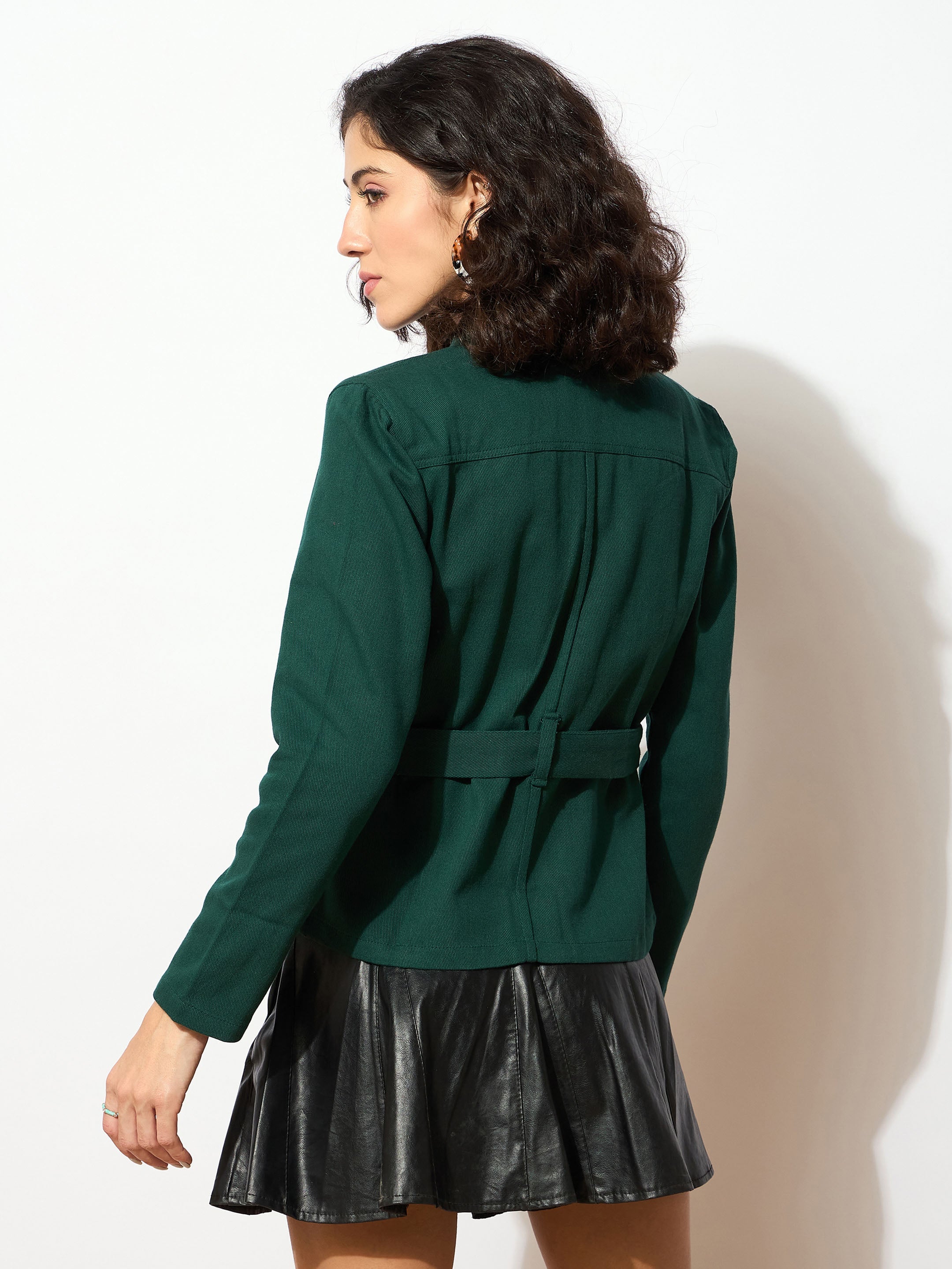 Women Emerald Green Denim Belted Jacket-SFJCKT6295