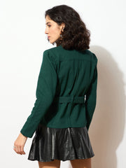 Women Emerald Green Denim Belted Jacket-SFJCKT6295