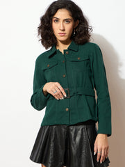 Women Emerald Green Denim Belted Jacket-SFJCKT6295