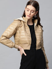 Women Solid Beige Full Sleeve Jacket