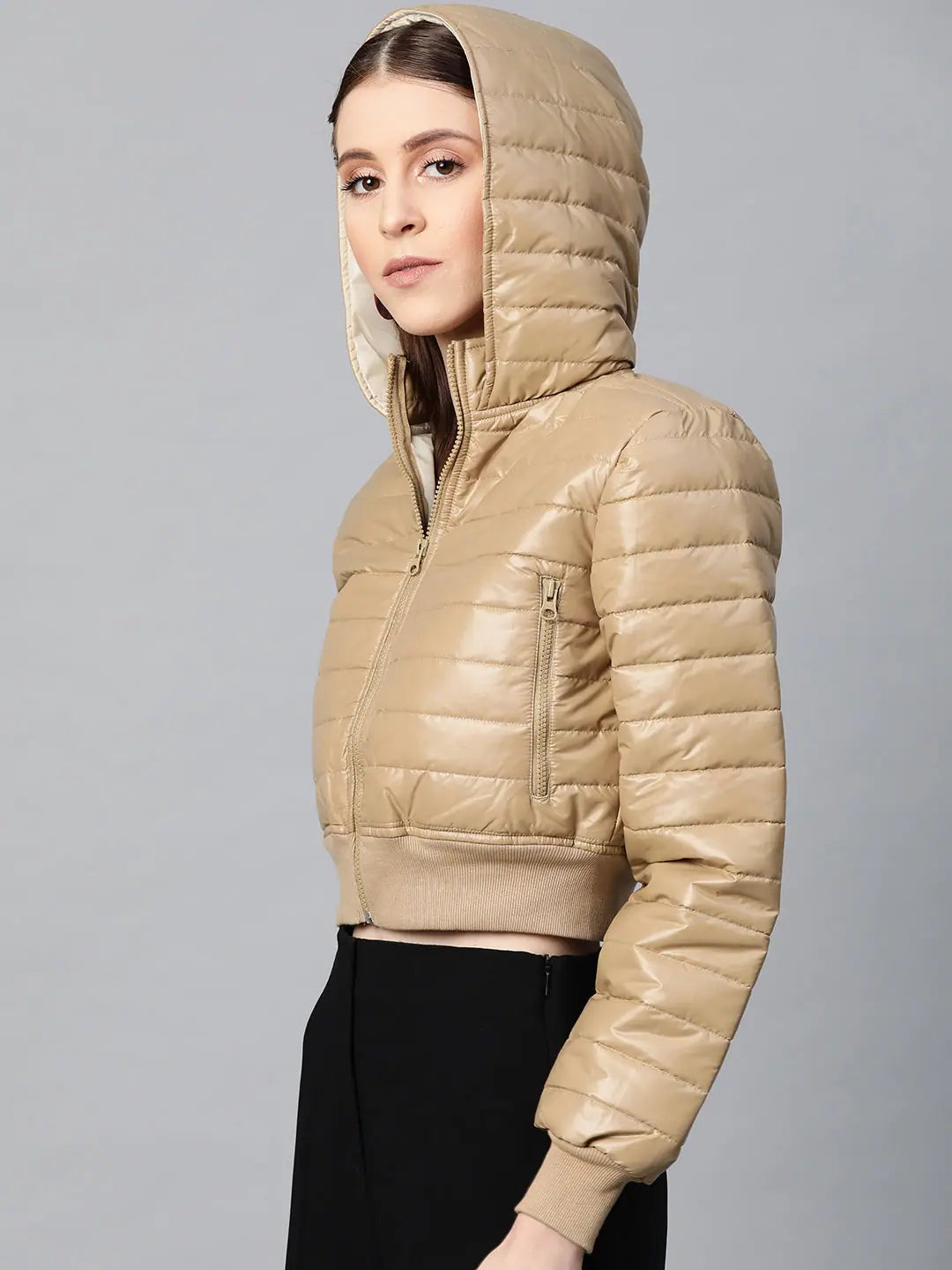 Beige Hooded Bomber Jacket | Women's Winter Coats & Outerwear