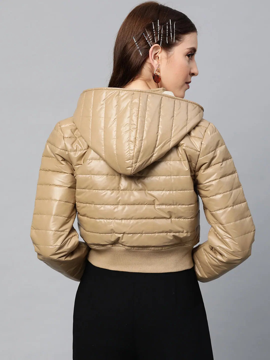 Beige Hooded Bomber Jacket | Women's Winter Coats & Outerwear