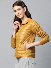 Women Solid Mustard Full Sleeve Jacket