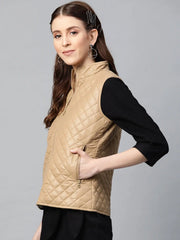 Women Solid Beige Sleeveless Jacket