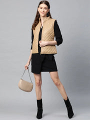 Women Solid Beige Sleeveless Jacket