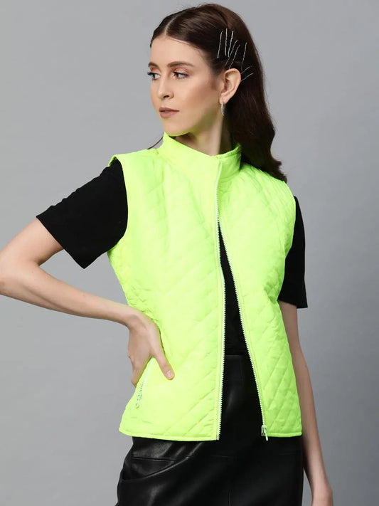 Women Solid Green Sleeveless Jacket 1080