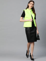 Women Solid Green Sleeveless Jacket