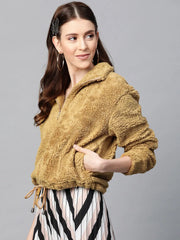 Women Solid Mustard Collared Neck Full Sleeve Jacket
