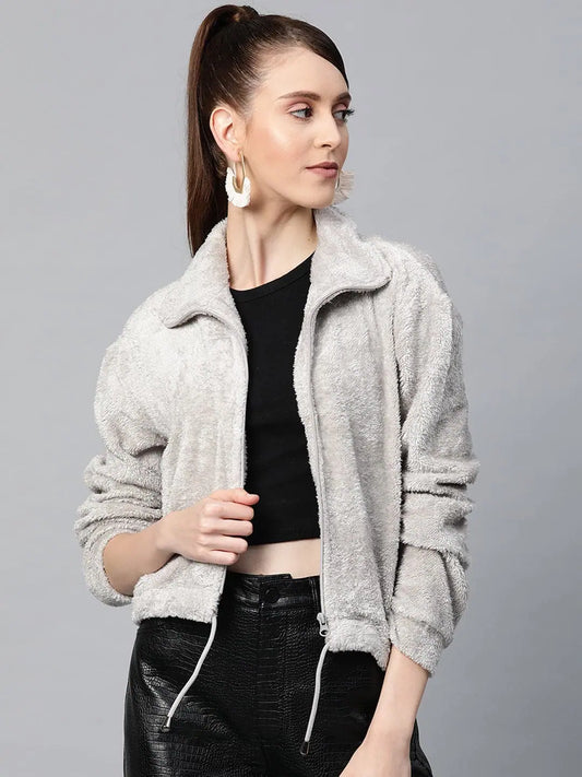 Women Solid Grey Collared Neck Full Sleeve Jacket 1080