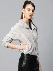 Women Solid Grey Collared Neck Full Sleeve Jacket
