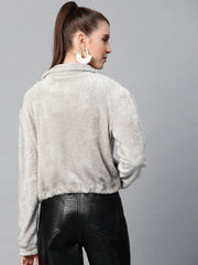 Women Solid Grey Collared Neck Full Sleeve Jacket