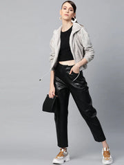 Women Solid Grey Collared Neck Full Sleeve Jacket