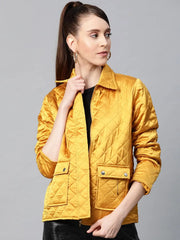 Women Solid Mustard Collared Neck Full Sleeve Jacket