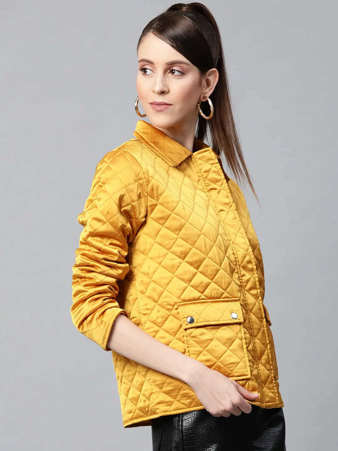 Women Solid Mustard Collared Neck Full Sleeve Jacket