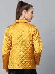 Women Solid Mustard Collared Neck Full Sleeve Jacket
