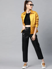 Women Solid Mustard Collared Neck Full Sleeve Jacket