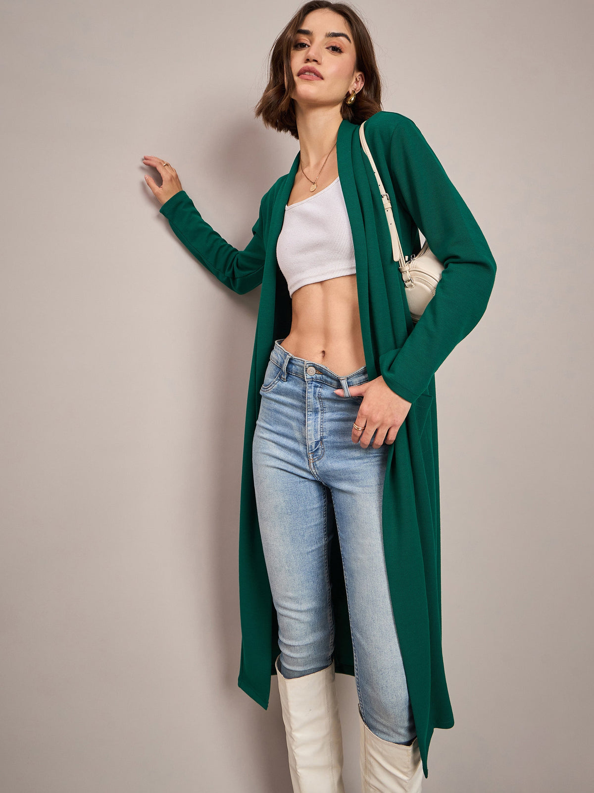 Women Emerald Rib Front Open Longline Shrug-SFJCKT6364