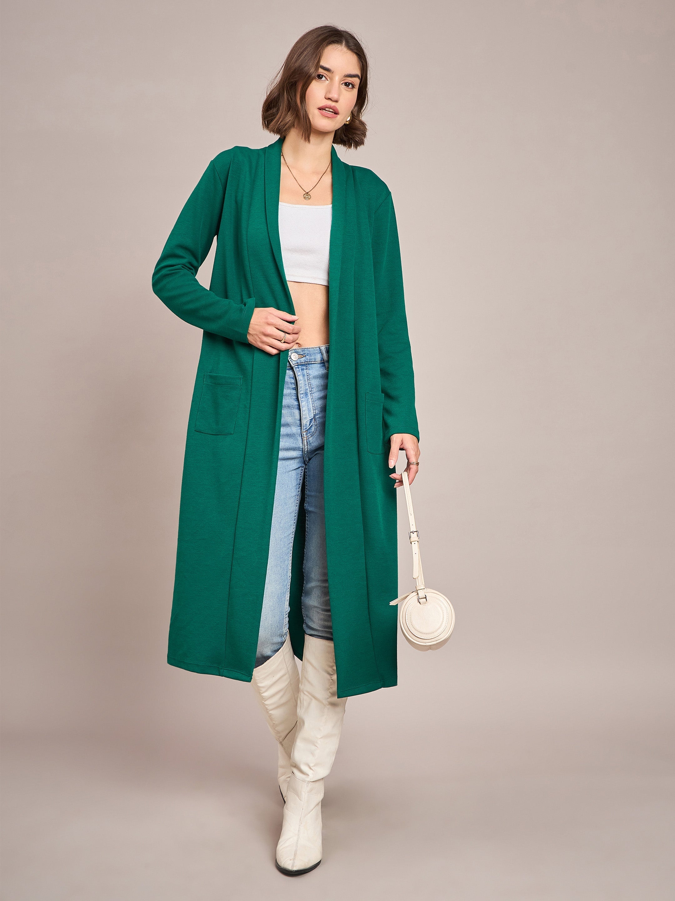 Women Emerald Rib Front Open Longline Shrug-SFJCKT6364