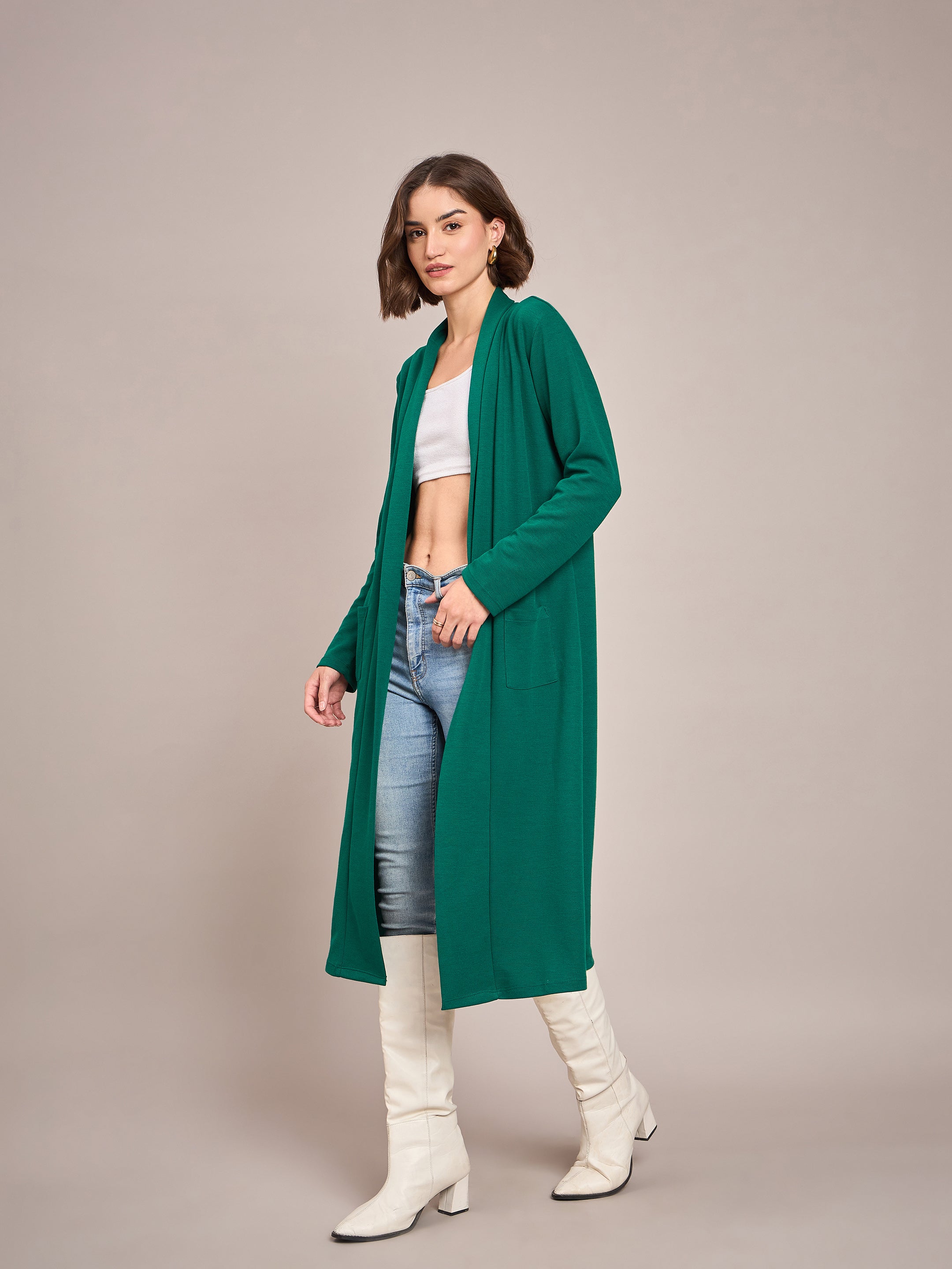 Women Emerald Rib Front Open Longline Shrug-SFJCKT6364