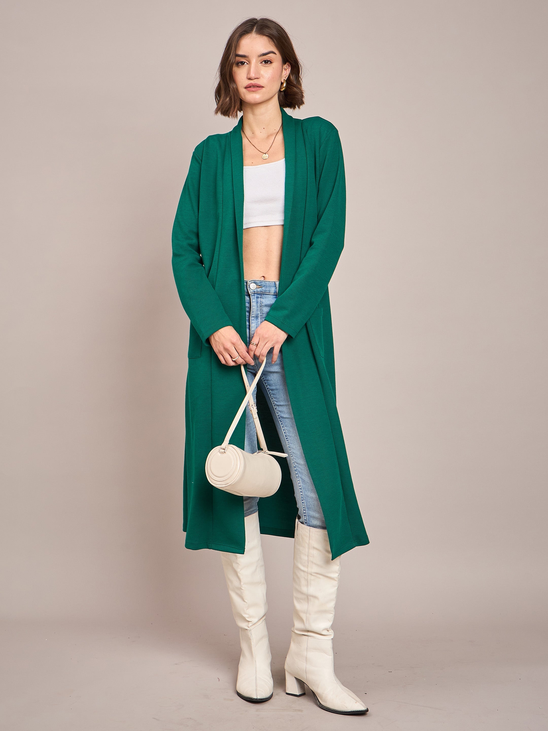Women Emerald Rib Front Open Longline Shrug-SFJCKT6364
