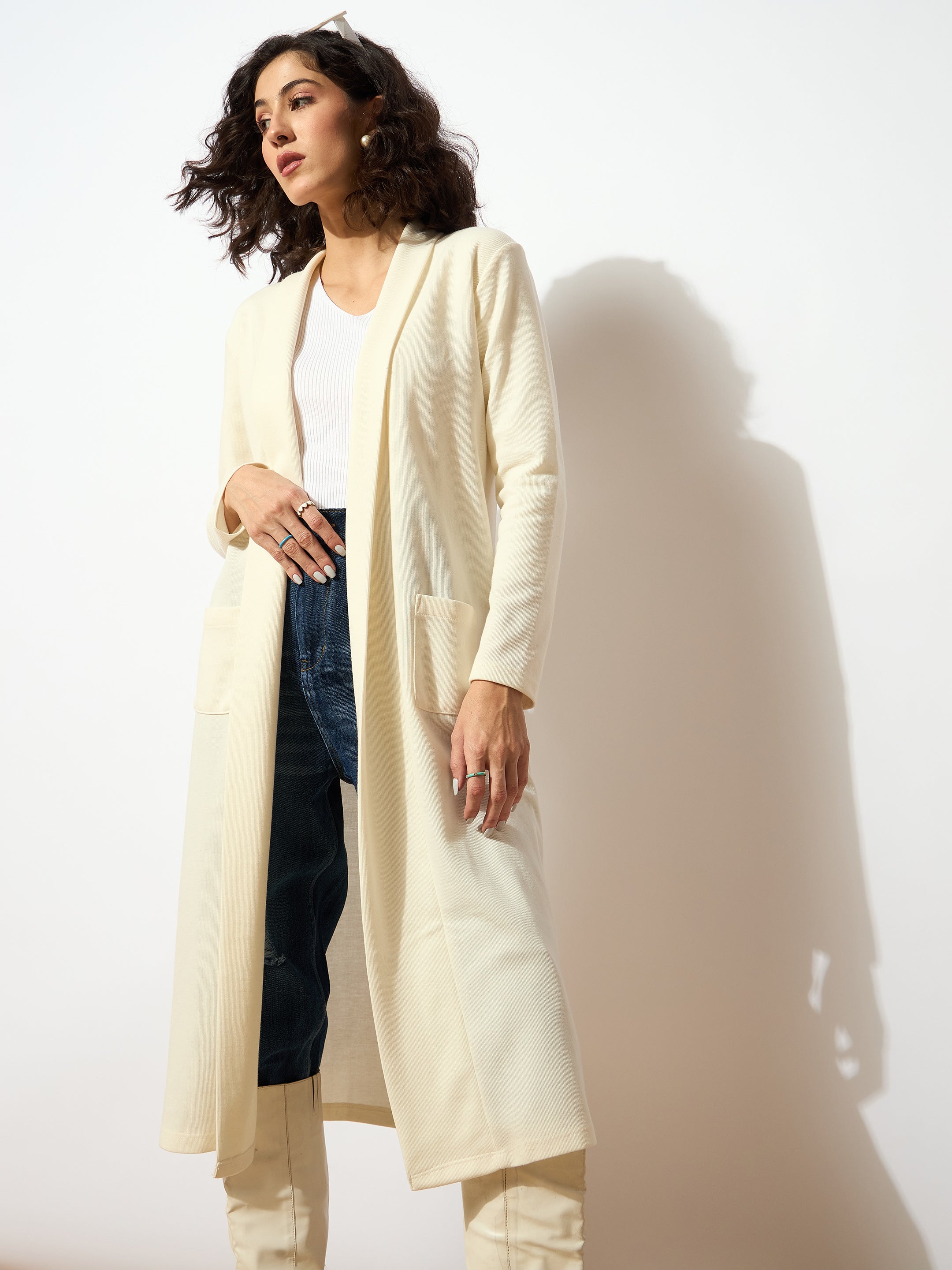 Women Off White Rib Front Open Longline Shrug-SFJCKT6366