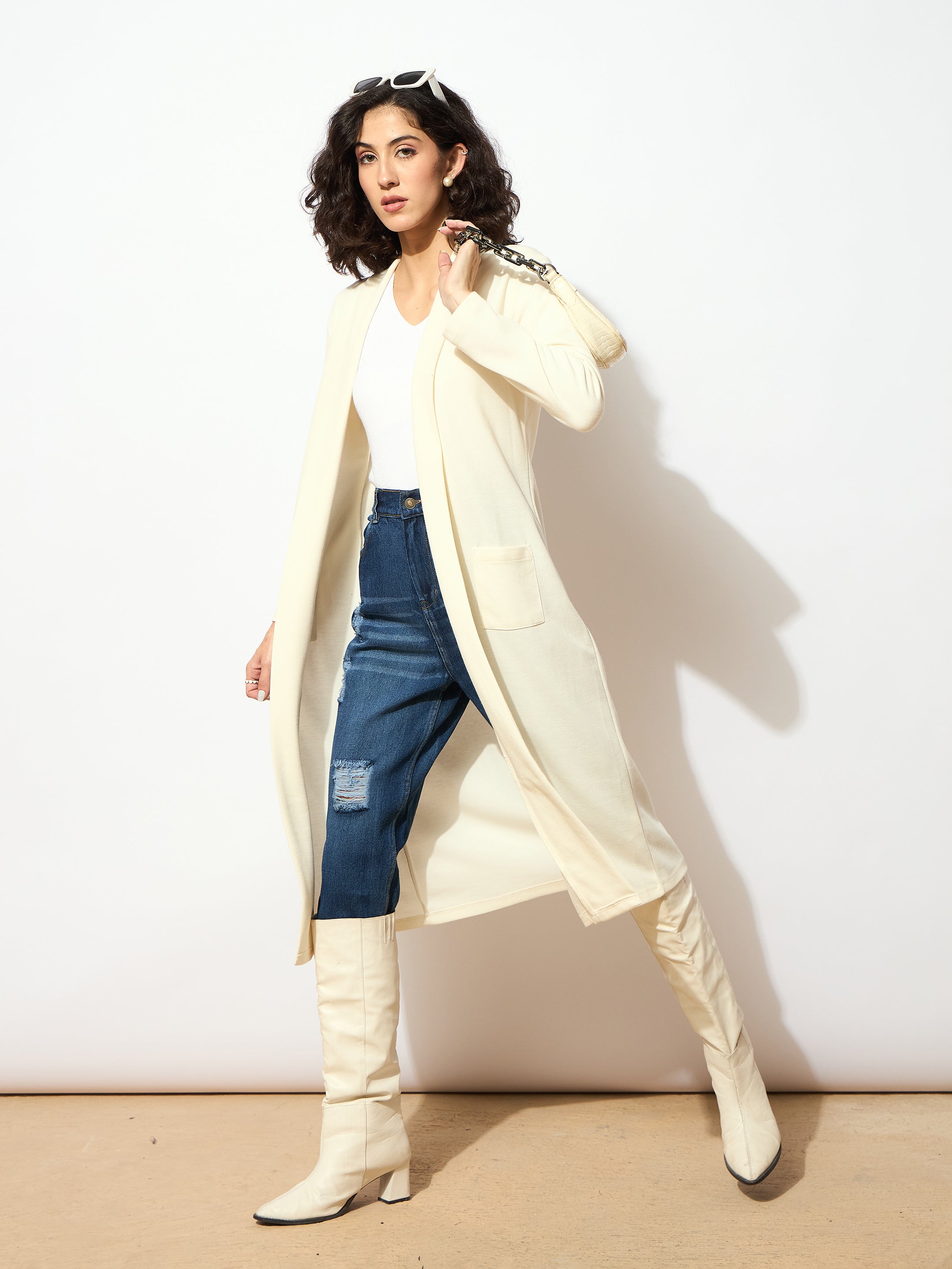 Women Off White Rib Front Open Longline Shrug-SFJCKT6366