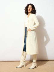 Women Off White Rib Front Open Longline Shrug-SFJCKT6366
