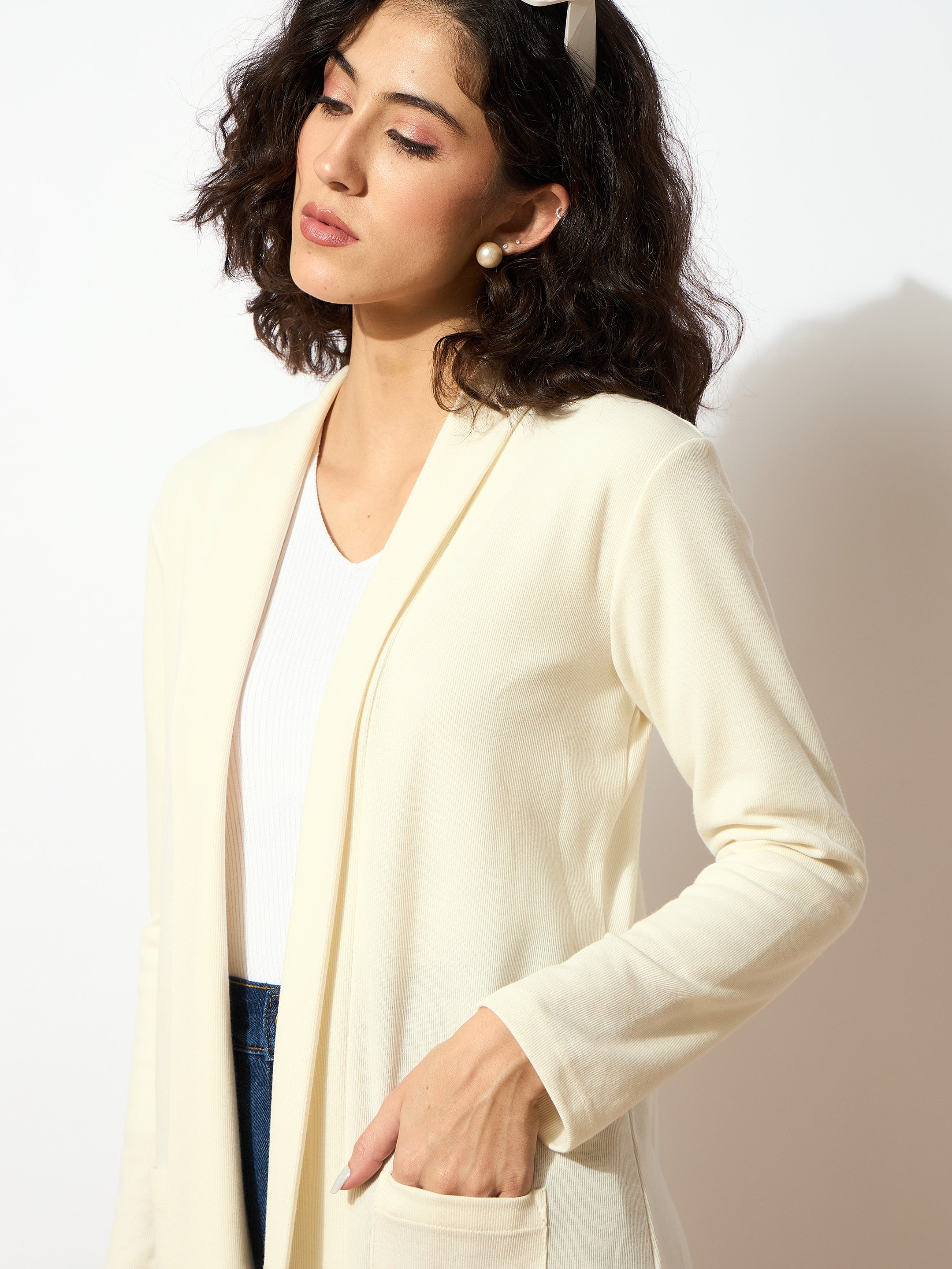 Women Off White Rib Front Open Longline Shrug-SFJCKT6366
