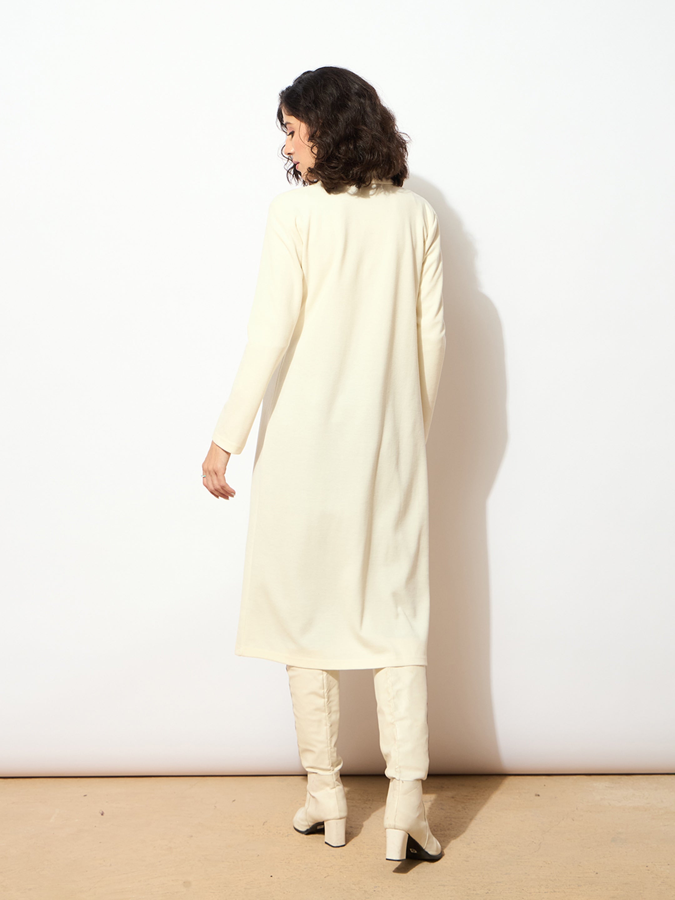 Women Off White Rib Front Open Longline Shrug-SFJCKT6366