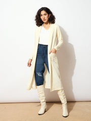 Women Off White Rib Front Open Longline Shrug-SFJCKT6366