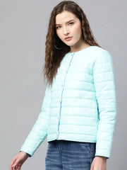 Women Solid Blue Round Neck Full Sleeve Jacket