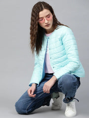 Women Solid Blue Round Neck Full Sleeve Jacket