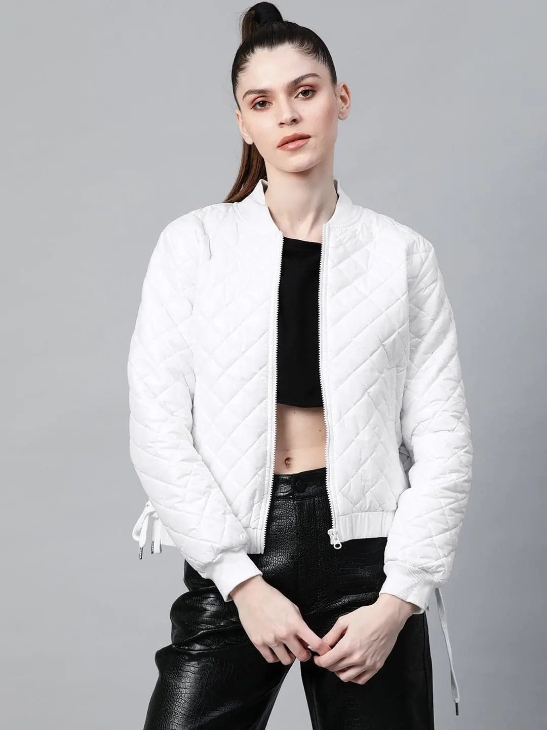 Women Solid White Round Neck Full Sleeve Jacket