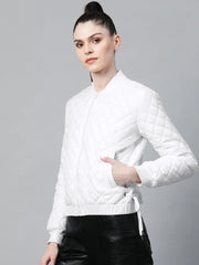 Women Solid White Round Neck Full Sleeve Jacket