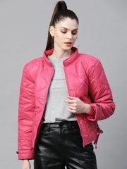 Women Solid Pink Collared Neck Full Sleeve Jacket